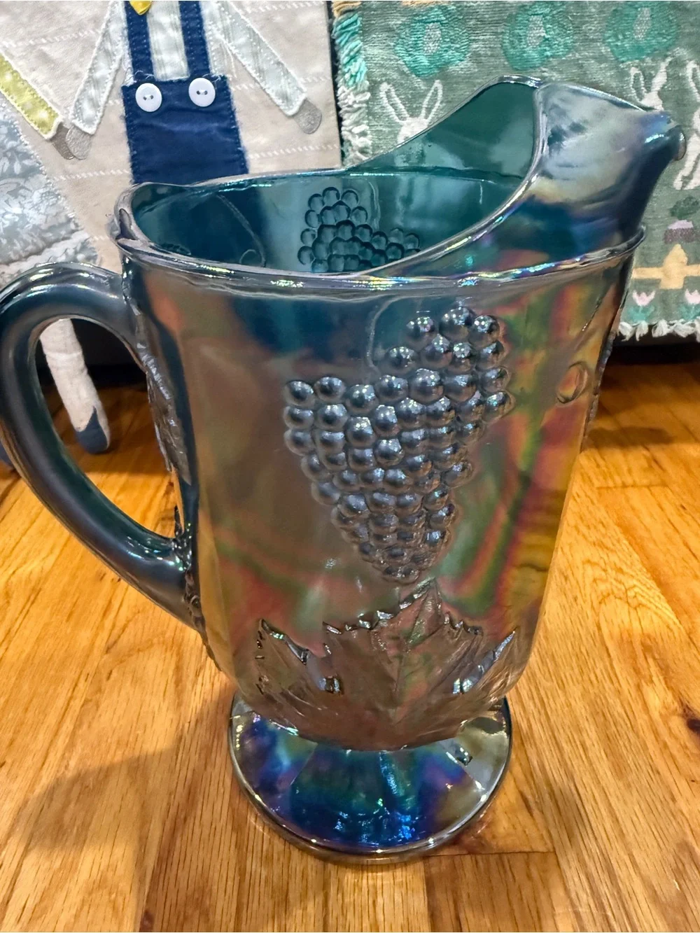 Iridescent Blue Glass Pitcher and 4 Goblets Set